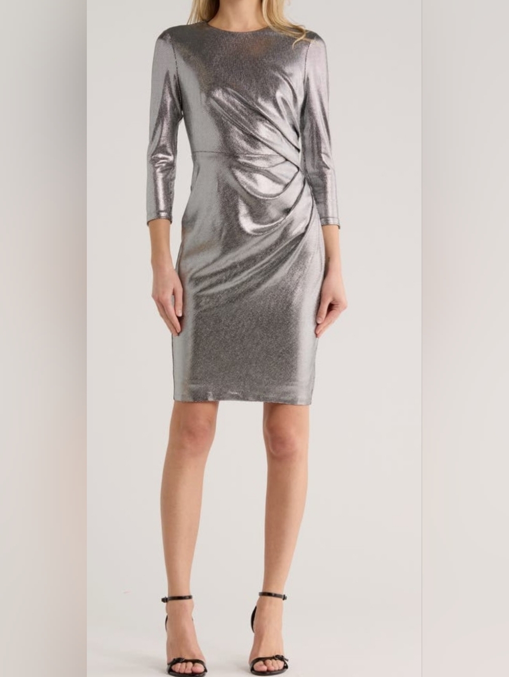 NWT Vince Camuto Silver Metallic Ruched Midi Dress Size 2